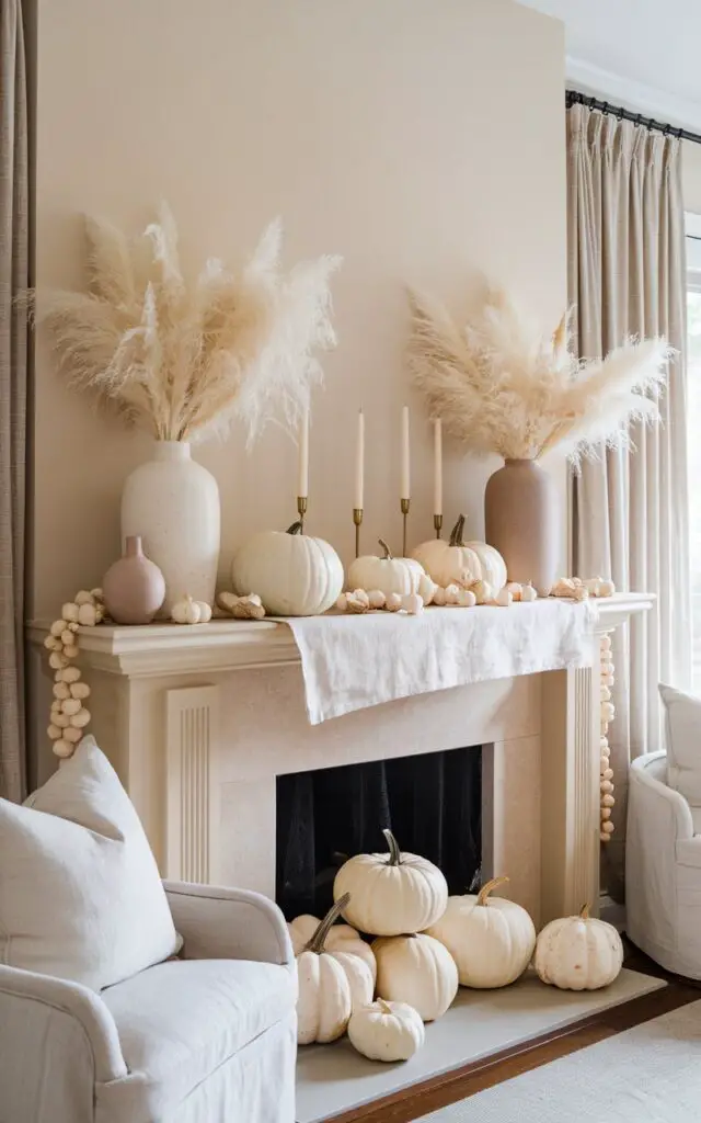 A photo of a well-decorated living room with a fall mantel that leans into subtle sophistication. The mantel is styled entirely in creamy whites and warm beige tones, featuring whitewashed pumpkins, bleached pampas grass, and ivory taper candles. A linen runner anchors the setup, and ceramic vases in off-white and taupe create visual interest through varying textures. The soft palette is carried into the room through ivory pillows and beige curtains, offering a soothing, minimalist aesthetic. Despite its simplicity, this fall mantel feels luxuriously layered and completely on trend with modern seasonal styling.