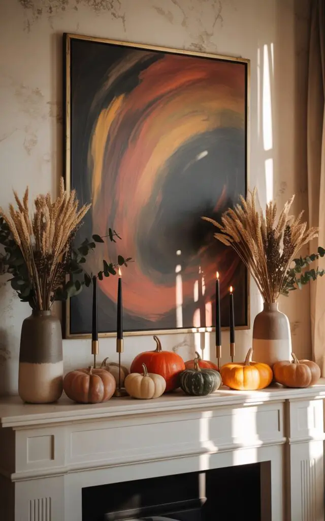 A photograph of a meticulously styled fall mantelpiece, the central focus of a warm and inviting living room. Dominating the mantel is a large abstract painting featuring swirling shades of rust, charcoal, and ochre, framed by a matte black border and hung against a textured cream wall. To either side of the artwork are two sleek, ceramic vases filled with dried wheat stalks and sprigs of eucalyptus, while a collection of varying sized pumpkins in muted oranges and deep browns are arranged in front, interspersed with slender black taper candles in brass holders. Soft, diffused light streams in from a nearby window, casting long shadows and highlighting the textures of the botanicals and the rich tones of the artwork, creating a sophisticated and subtly mysterious ambiance.