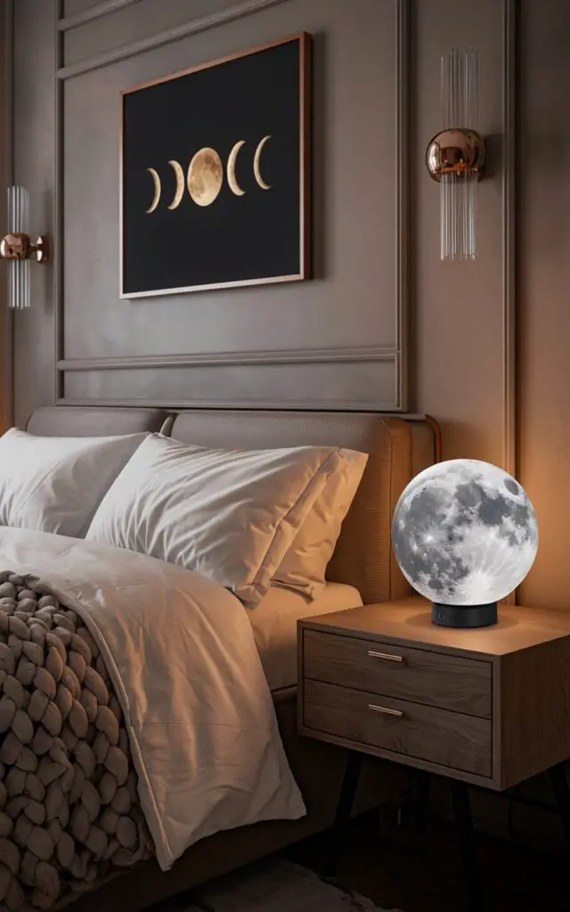 A photo of a celestial bedroom with a hyper-realistic, glowing moon lamp on a sleek wooden nightstand beside a cozy bed dressed in crisp white sheets and a thick, quilted throw. The bedroom has muted wall tones, framed lunar phase artwork above the headboard, and metallic accent décor that reflects the lamp's warm lunar glow. The atmosphere feels peaceful and intimate, as if bathed in gentle moonlight.