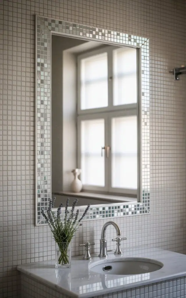 A photograph of a beautifully framed mirror in a luxurious bathroom, the focal point of the space. The mirror is encased in a shimmering border of tiny mosaic tiles in pearly whites, silvers, and pale blues, reflecting the soft light. Below the mirror sits a sleek white marble countertop with a modern, minimalist silver faucet and sink, while a small vase holding sprigs of fresh lavender rests on the counter. Soft, diffused light streams in from a nearby window, casting a gentle glow on the mosaic tiles and highlighting the overall serene atmosphere of the bathroom.