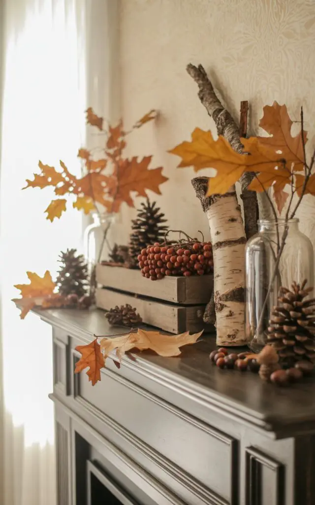 A photograph of a beautifully styled fall mantelpiece, a testament to nature's artistry. The mantel is crafted from dark-stained wood and adorned with a carefully curated arrangement of dried twigs, birch logs, vibrant oak leaves, and clusters of acorns, some spilling onto the hearth below. Small, weathered wooden crates and clear glass jars hold groupings of pinecones and dried berries, providing subtle structure to the rustic display, all set against a backdrop of creamy off-white wallpaper. Soft, diffused sunlight streams in from a nearby window, illuminating the warm earthy tones and creating a cozy, inviting atmosphere.