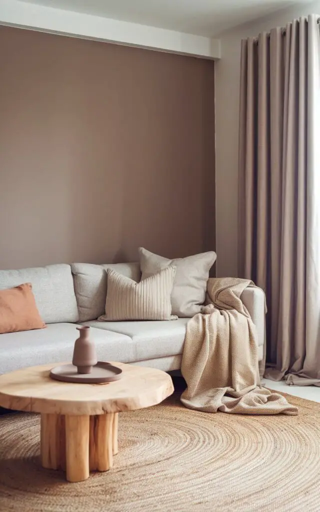 A photo of a Scandinavian living room with layered neutral tones. A cozy sofa in light gray is placed against a taupe wall, which is accented with beige and soft clay cushions. A natural wood round coffee table and muted ceramic complete the look. The palette includes ivory, sand, and warm gray, creating a harmonious environment without sterility. A large woven rug defines the seating area, and subtle textiles soften the clean lines. The living room feels grounded, warm, and endlessly relaxing, proving that neutrals can be far from boring.
