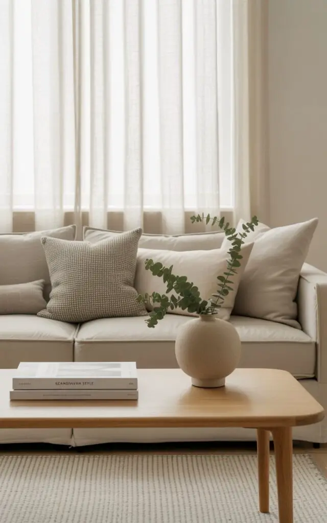 A photograph of a Scandinavian living room, centering on a plush, neutral-toned sofa. The sofa, upholstered in soft beige linen, is anchored in the room with clean lines and adorned with a generous arrangement of textured gray and cream cushions. A pale oak coffee table sits gracefully before the sofa, displaying a minimalist ceramic vase holding sprigs of eucalyptus and a stack of design magazines titled "Scandinavian Style". Soft, diffused natural light streams through sheer linen curtains, illuminating the white walls and a subtly patterned woven rug, creating a calm and inviting atmosphere.