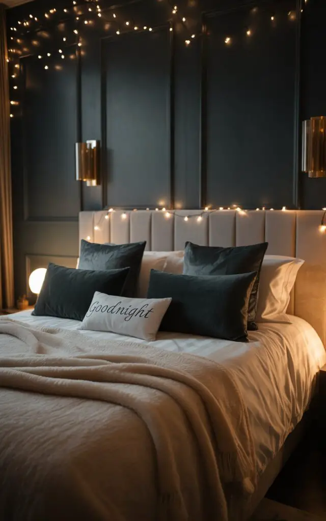 A photograph of a luxurious bedroom bathed in the gentle glow of simulated starlight. A king-sized bed dominates the frame, draped in a plush, cream-colored throw blanket and adorned with dark teal velvet pillows; a single "Goodnight" pillow rests near the edge. The walls are a deep charcoal gray, accented with brushed gold sconces and a string of warm fairy lights twinkling across the headboard. Soft, diffused light emanates from a bedside lamp, casting long shadows and creating a cozy, intimate atmosphere throughout the room.