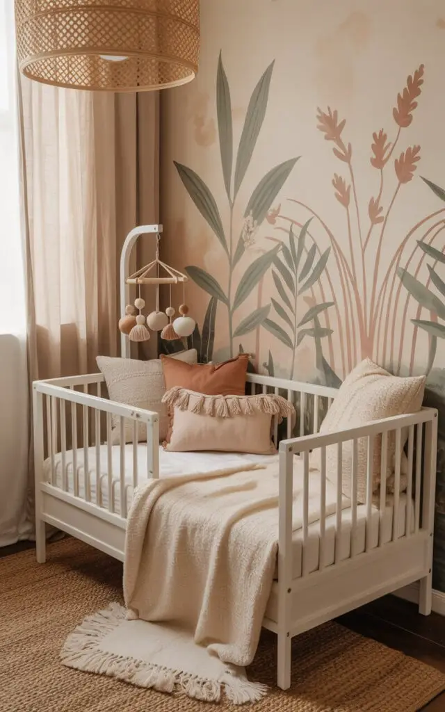 A photograph of a cozy nursery featuring a white wooden cot bed as the central focus. The cot is styled with a plush cream-colored blanket, several tasseled pillows in soft beige and blush tones, and a delicate mobile hanging above. Behind the cot is a wallpaper accent wall with subtle botanical and geometric prints in muted sage green and terracotta hues, complemented by a woven seagrass rug and a rattan pendant light fixture hanging from the ceiling. Soft, diffused natural light streams in through sheer curtains, creating a warm and inviting atmosphere.