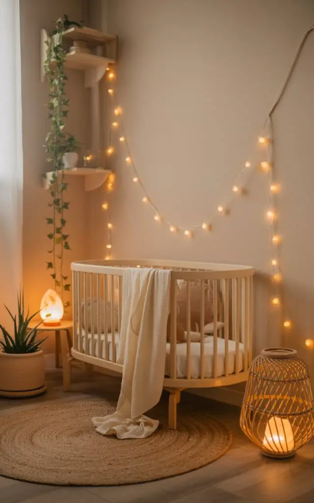 A soft, dreamy interior photograph of a bohemian-style nursery bathed in the gentle glow of ambient lighting. A cream-colored cot bed, adorned with soft, neutral bedding, sits slightly off-center, with strands of warm fairy lights artfully draped across the wall, gently illuminating a salt lamp resting on a small wooden side table. A woven rattan lantern hangs nearby, casting a subtle glow onto a textured jute rug, while potted trailing plants add a touch of life and color to the tranquil space, evoking a peaceful and comforting atmosphere. The room’s warm tones and soft textures create a serene and inviting sanctuary, perfect for a child's nursery.
