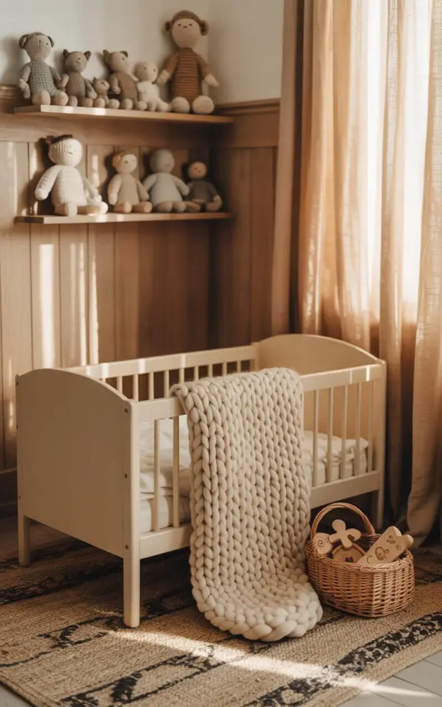 A soft, natural light photograph depicts a cozy nursery centered around a cream-colored cot bed with a chunky, handwoven blanket draped over its simple frame. Positioned directly in front of the cot is a small wicker basket overflowing with handcrafted wooden toys, while slightly behind it stands a wooden shelf displaying a curated collection of hand-carved animal figurines and soft knitted plush dolls. The walls are paneled in warm, natural wood, and a patterned woven rug anchors the scene, creating a serene and inviting atmosphere. Gentle sunlight streams through sheer linen curtains, casting a warm glow across the room, enhancing the sense of peace and handcrafted charm.