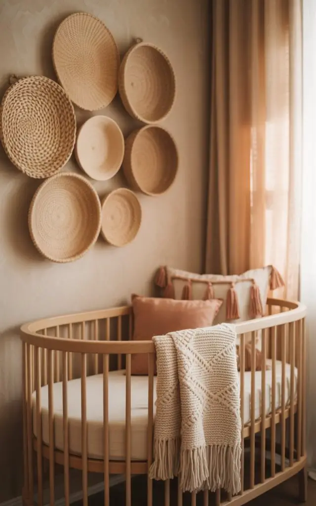 A softly lit, interior photograph depicts a charming boho-style nursery room featuring a stylish cot bed as its central focus. Above the cot, a gallery wall showcases an eclectic collection of woven baskets – some large and round, others small and square – in varying shades of natural beige, terracotta, and cream. A cozy, knitted throw blanket in a cream color is draped across the cot, alongside a few tasseled pillows in muted earthy tones, while a sheer curtain softens the window light. The background fades into a warm, textured wall, creating a sense of peaceful serenity and handcrafted charm.
