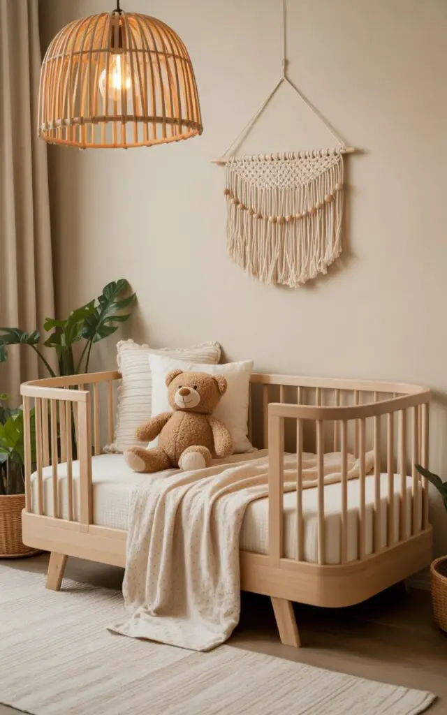 A photograph showcasing a cozy nursery with a natural wood cot bed as its focal point. The cot bed is meticulously dressed with cream-colored linen bedding, accented by a plush knitted blanket and a single, oversized teddy bear nestled amongst the pillows. Above the cot, a striking woven rattan pendant lamp casts a warm, diffused glow, illuminating the textured rug below and a delicate macramé wall hanging adorned with tiny wooden beads. The scene is completed with a few strategically placed potted plants, enhancing the overall boho aesthetic and calm, inviting atmosphere.