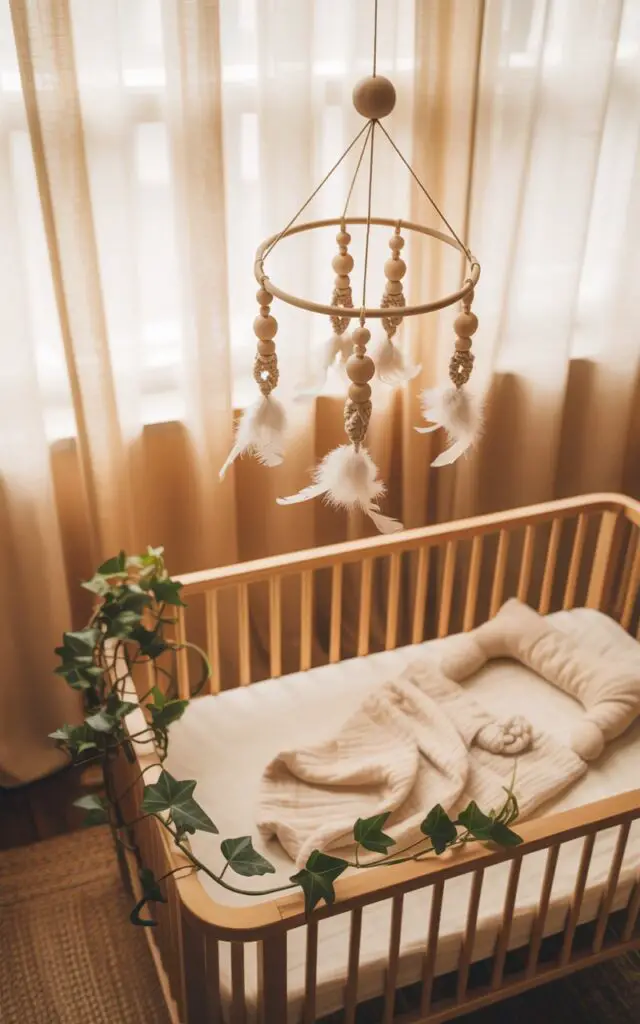 A warm, inviting interior photograph captures a lovingly decorated nursery, showcasing a handcrafted mobile gently swaying above a cozy crib. The mobile is a delightful assemblage of smooth, polished wooden beads, delicate white feathers, and intricate macramé elements, illuminated by soft, diffused light. Below, a crib adorned with cream-colored bedding and a plush patterned swaddle rests on a warm-toned woven rug, with a trailing ivy plant adding a touch of verdant life. The scene evokes a sense of calm and nurturing, bathed in the soft glow of natural light filtering through sheer linen curtains.