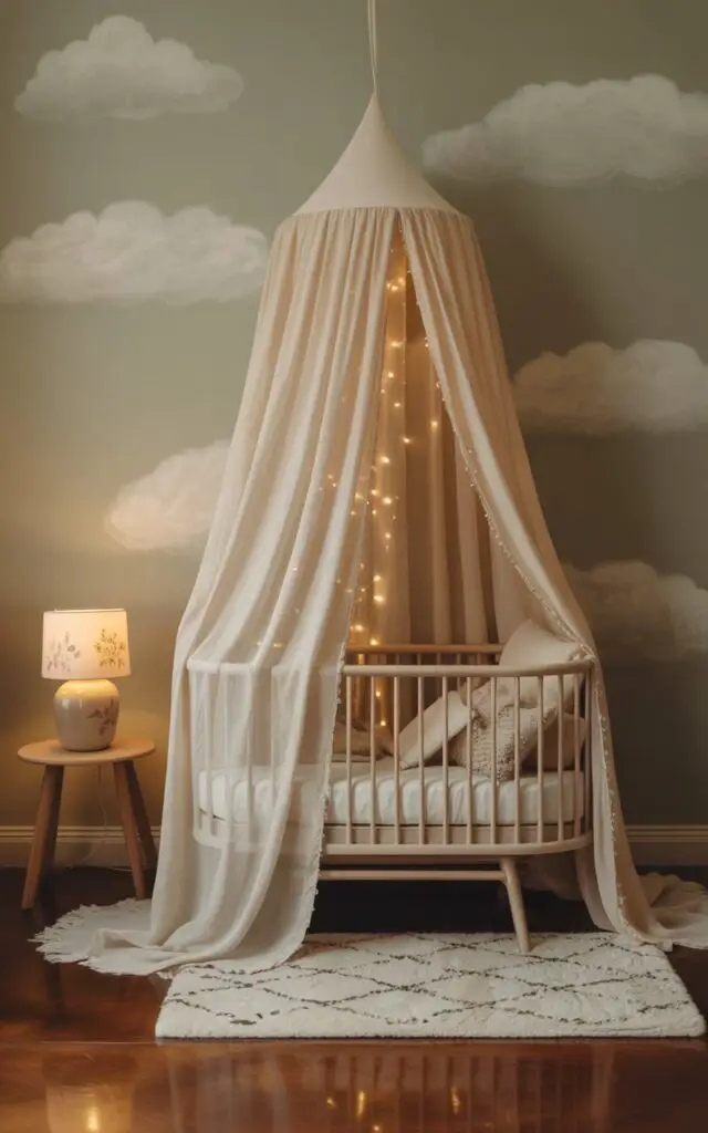 A photograph of a cozy nursery bathed in soft, diffused light, centered on a luxurious nursery cot bed draped with a sheer ivory canopy. The canopy gracefully cascades down, creating a comforting and magical cocoon-like space, while a small wooden side table with a ceramic lamp adorned with floral patterns rests nearby. Delicate fairy lights twinkle softly, adding a touch of enchantment, and a plush, cream-colored rug with a subtle geometric pattern lies on the polished wooden floor, enhancing the overall dreamy boho aesthetic. The walls are painted a pale sage green and are adorned with whimsical, hand-painted clouds, reinforcing the tranquil atmosphere.
