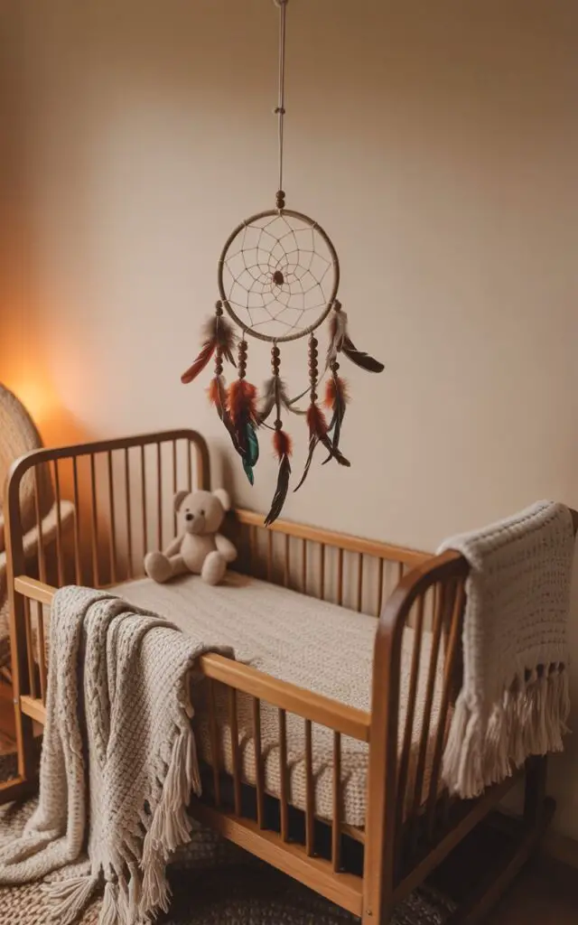 A soft, diffused photograph captures a whimsical boho nursery scene, centered around a handmade dreamcatcher hanging delicately above a vintage wooden cot. The dreamcatcher, adorned with vibrant feathers and polished wooden beads, casts playful shadows across the room. The cot is draped with a textured, cream-colored knit blanket and sits beside a woven rocking chair with a plush tasseled throw casually draped over the back, all set against walls painted in a gentle sandy beige and softly illuminated by a warm, ambient glow. A small, plush teddy bear rests on the cot, adding a touch of comforting charm to the peaceful atmosphere.