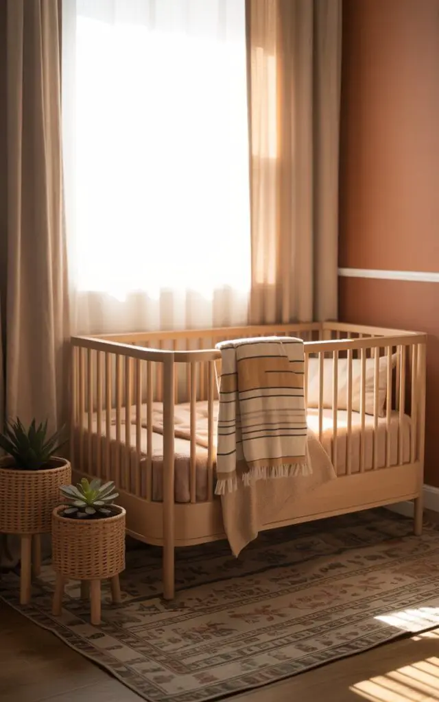A softly lit, atmospheric photograph captures a serene nursery room bathed in warm, diffused sunlight. At the room's center sits a light wood cot bed, draped with sandy-colored bedding and a playful striped throw, showcasing a cozy and inviting scene. The walls are painted in muted terracotta, with beige curtains framing a window, while a patterned rug anchors the space, complemented by two woven plant stands displaying small potted succulents. Gentle, diffused light fills the room, creating a calming and nurturing ambiance perfect for a peaceful nursery.