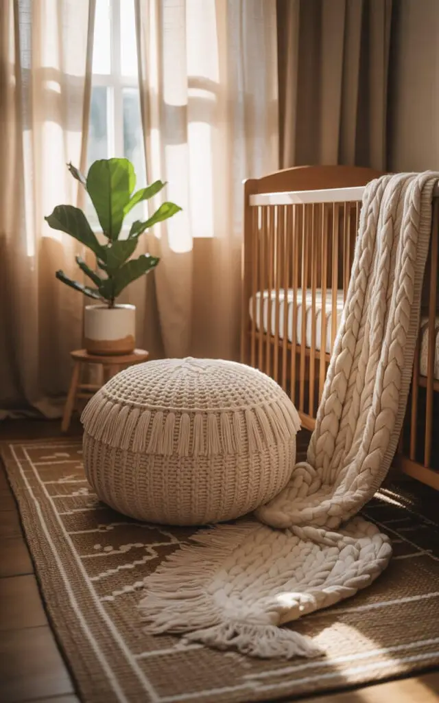A softly lit interior photograph showcases a cozy boho nursery with a large, oversized cream-colored knitted pouf nestled beside a charming crib. The pouf, adorned with delicate fringe, sits invitingly on a woven rug featuring a subtle geometric pattern, and a chunky cable-knit throw blanket is draped artfully over the crib's mattress. Sunlight streams through sheer linen curtains, gently illuminating the room and highlighting a leafy fiddle-leaf fig plant perched on a small wooden stool in the corner, creating a warm and serene atmosphere. The overall composition evokes a sense of comfort and tranquility, perfect for a nursery setting.