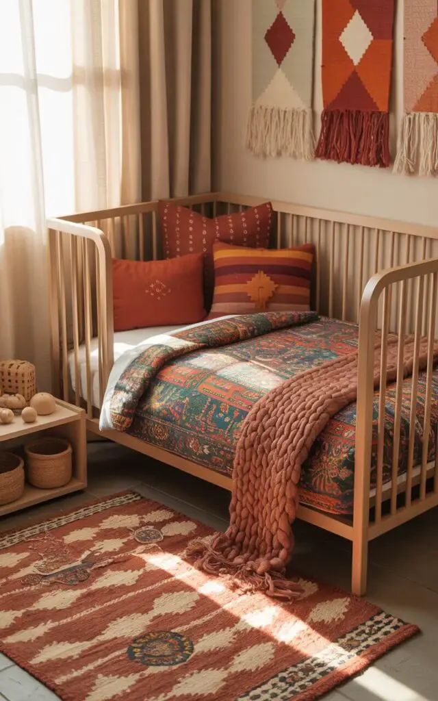 A photograph of a cozy nursery room bathed in soft, diffused sunlight, highlighting a closed cot bed as the central focus. The bed is styled with a vibrant Moroccan-printed duvet cover, several Turkish kilim pillows in rich reds and oranges, and a chunky handwoven throw in muted earthy tones. A patterned rug in warm terracotta shades grounds the space, while a nearby wooden shelf displays small woven baskets and a few handmade wooden toys. Fabric wall art featuring geometric patterns adds texture to the backdrop, creating a warm and inviting boho aesthetic.