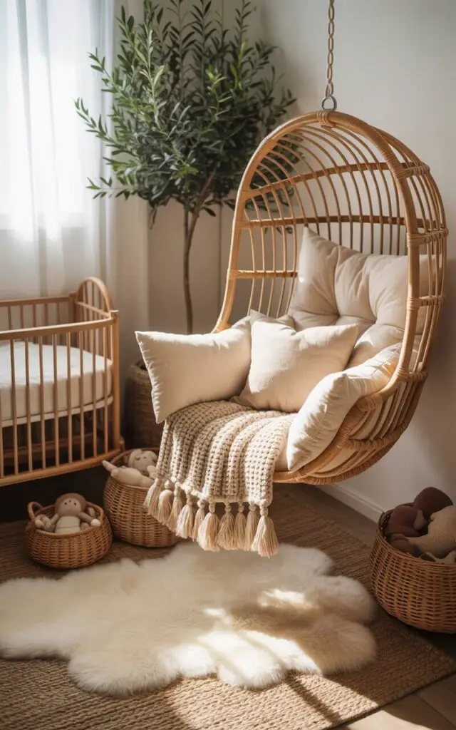 A photograph of a cozy nursery room bathed in soft morning light, featuring a rattan hanging chair as the focal point. The chair is draped with plush linen cushions in cream and beige tones, accented by a chunky knit throw with delicate tassels, suspended gently beside a neutral-toned nursery cot. Around the cot are woven baskets filled with soft toys, and a plush sheepskin rug creating a warm and inviting space, while a potted olive tree stands in a corner, adding a touch of greenery. The overall scene evokes a sense of tranquility and gentle magic.