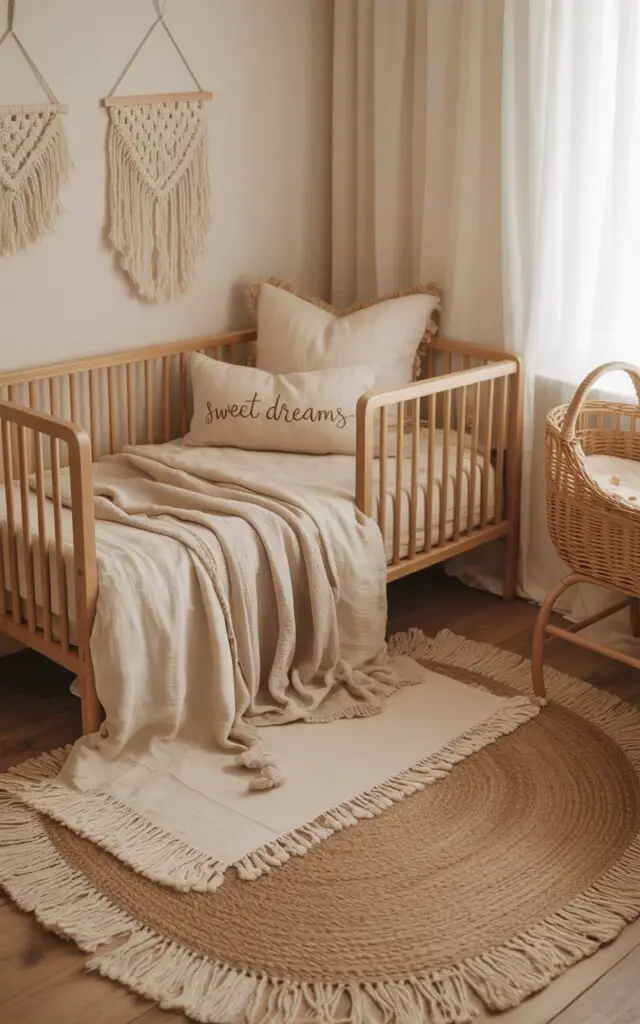 A photograph of a cozy nursery room bathed in soft natural light, styled in a calming boho theme. The room’s centerpiece is a natural wood cot bed with layers of linen bedding in cream and beige tones, accented by a plush, hand-stitched throw pillow featuring "sweet dreams". Layered rugs—a large jute base and a patterned kilim—cover the warm wooden floor, adding depth and texture while a wicker bassinet rests peacefully near the window. The walls are painted a gentle off-white and adorned with simple macrame wall hangings, creating a relaxed and inviting atmosphere.