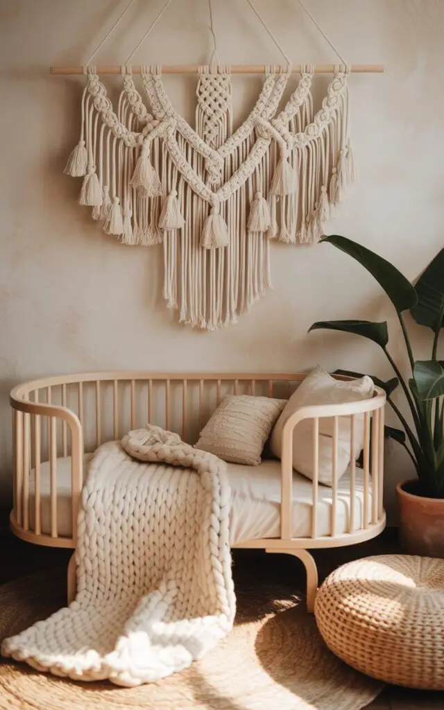 A photograph of a cozy nursery bathed in soft, natural light, showcasing a handcrafted macramé wall hanging above a natural wood cot bed. The wall hanging features intricate cream-colored knots and tassels, perfectly complementing the neutral-toned linens and a chunky knit blanket adorning the cot, which has no visible opening. A woven pouf rests nearby, accompanied by a lush floor plant in a terracotta pot, while the background fades into a gently textured cream wall. The overall scene exudes a serene, bohemian aesthetic, evoking feelings of warmth and tranquility.