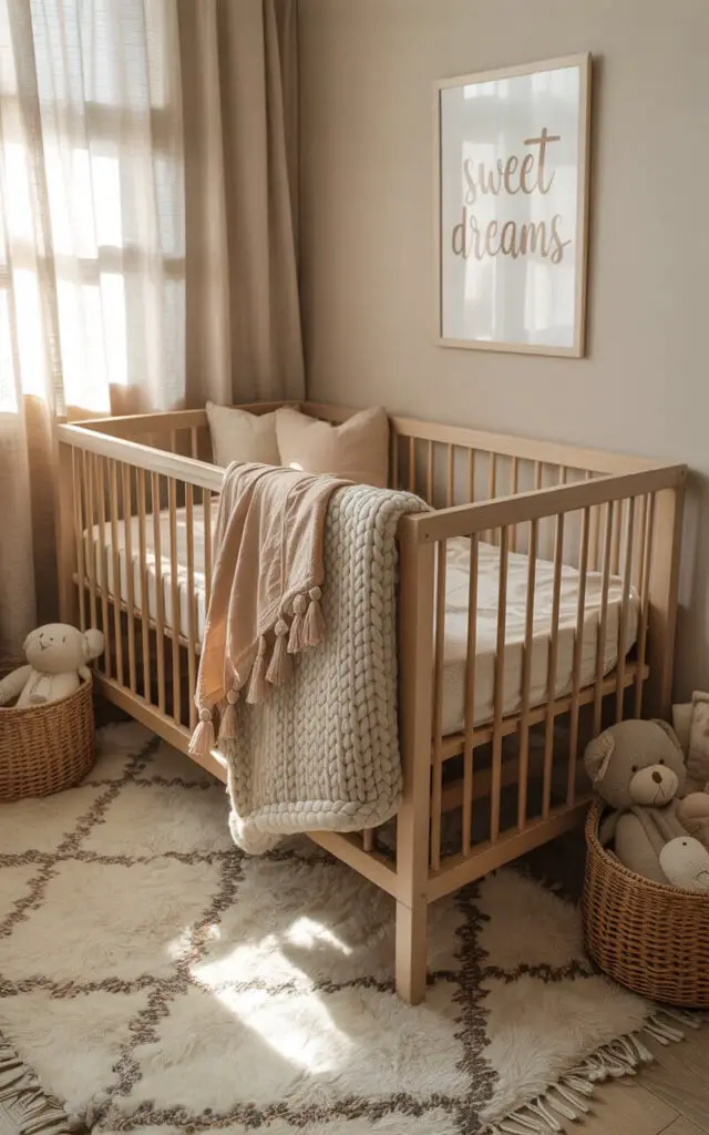 A photograph of a pale wood crib as the centerpiece of a beautifully styled nursery. The crib is adorned with cream-colored linen sheets, a delicate tasseled swaddle in a soft peach hue, and a chunky knit blanket in a light gray, creating a cozy and inviting atmosphere. Beneath the crib rests a plush, geometric patterned rug in muted tones of cream, gray, and beige, complemented by two woven baskets filled with stuffed animals, and a framed print on the wall displaying "Sweet Dreams" in a whimsical font. Soft, diffused sunlight streams through sheer linen curtains, gently illuminating the serene and cozy space, casting a warm glow on the pale wood floor.