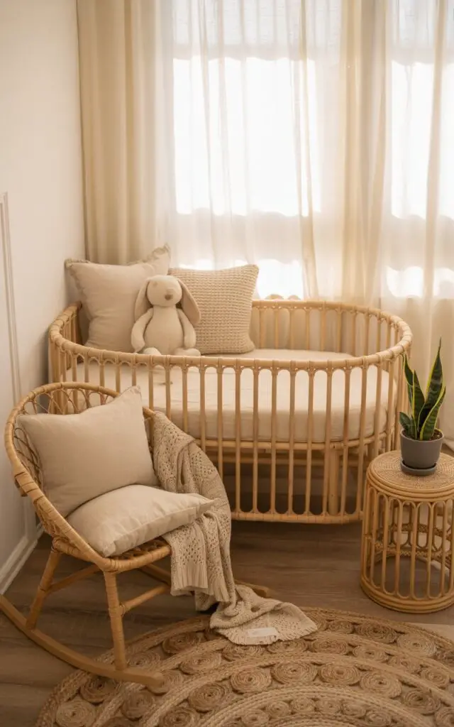 A photograph of a cozy boho-themed nursery, with a rattan crib as the central focus. The crib is adorned with soft, neutral-toned linen bedding and a plush, cream-colored stuffed bunny sitting on the pillows, bathed in gentle morning light streaming through sheer curtains. Beside the crib, a woven rocking chair is draped with a knitted throw and several linen cushions, while a small rattan side table holds a potted snake plant. The walls are painted a calming creamy white, complementing the natural textures of the furniture and a patterned jute rug layered on the wooden floor.