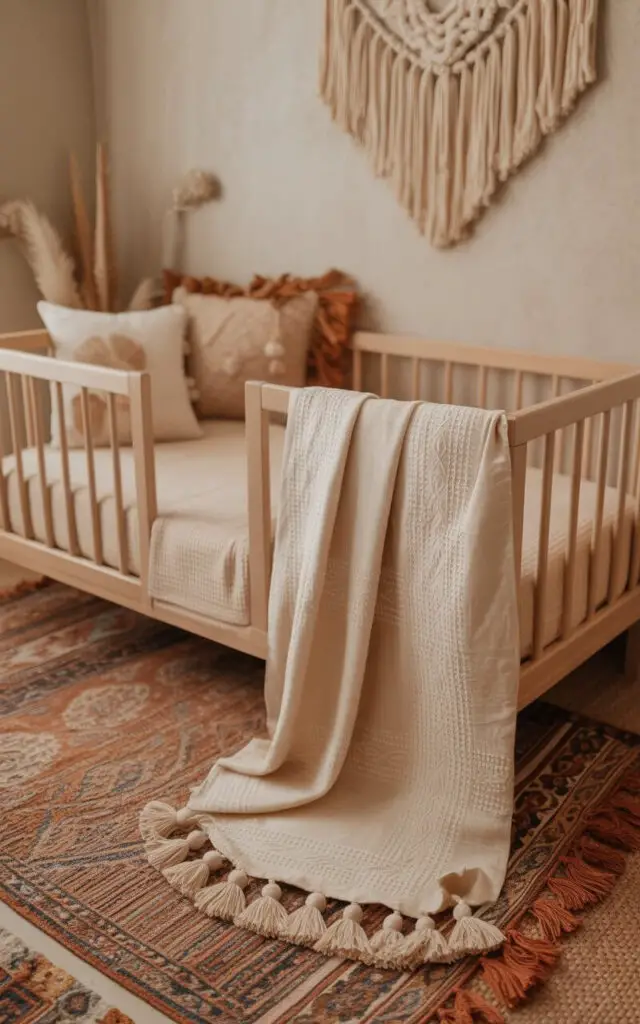 A warm, inviting interior photograph of a meticulously decorated boho nursery room bathed in soft morning light. The centerpiece is a cozy cot bed adorned with light neutral bedding and a generously tasseled blanket draped elegantly over its side, positioned slightly off-center against a textured wall. Decorative pillows with intricate fringe and a richly patterned woven rug with tassel edging complete the scene, while a delicate hanging wall tapestry adds layers of texture and whimsy. The room is softly lit, creating a playful yet serene atmosphere with a muted color palette of creams, browns, and hints of terracotta.