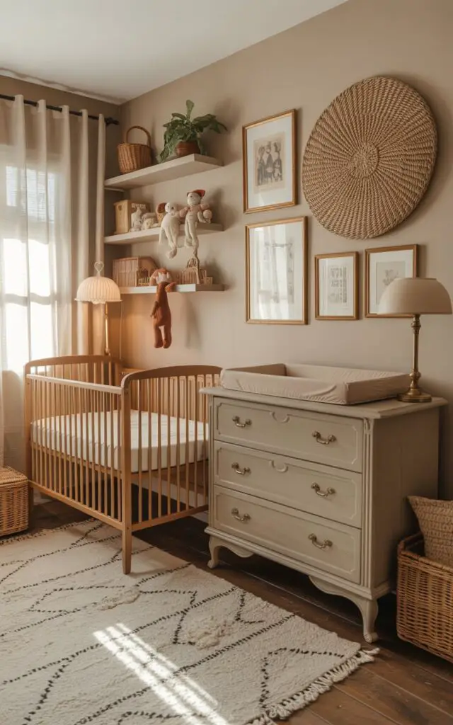A photograph of a cozy nursery room designed with a blend of vintage charm and modern boho elements. A meticulously styled crib with clean, natural wood lines stands beside a repurposed antique dresser, acting as a changing table and accented with elegant brass hardware. Above the dresser hangs a gallery wall of framed vintage prints and a large woven wall basket, while handmade knitted toys playfully adorn open shelving beside a patterned cream-colored rug. Soft, diffused light streams in through a sheer curtain, creating a warm and inviting atmosphere.