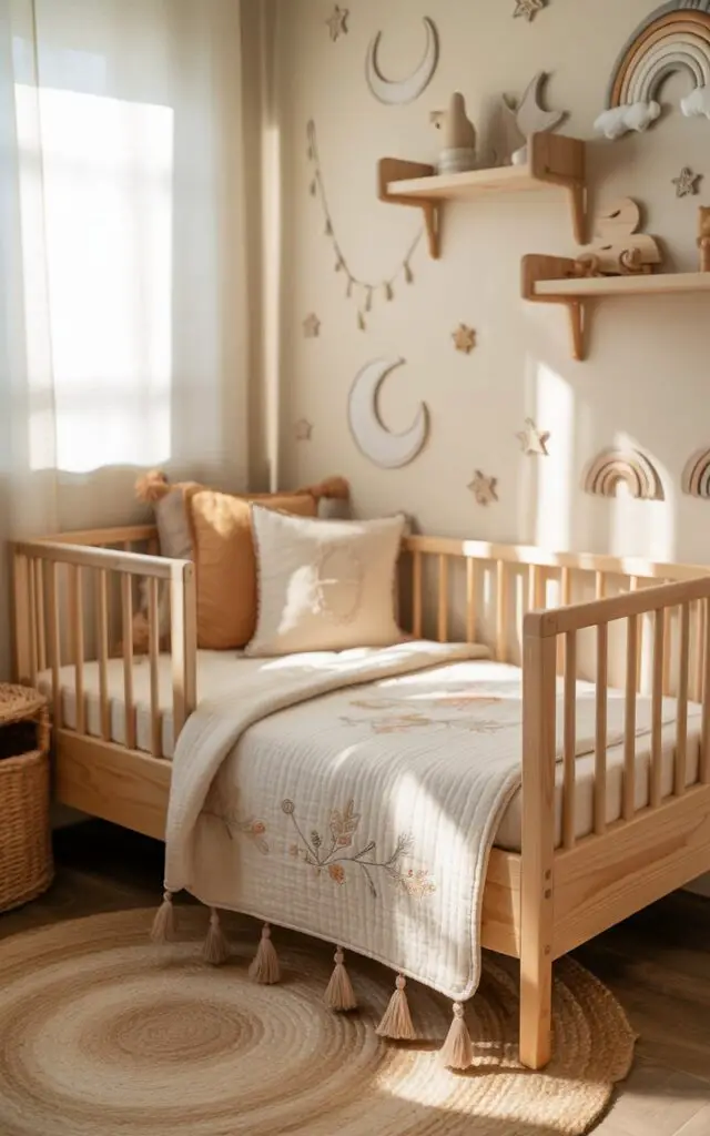 A photograph of a cozy nursery cot bed, crafted from light natural wood, nestled within a whimsical boho-themed nursery. The bed is adorned with a soft, cream-colored quilt featuring delicate floral embroidery and several tasseled cushions in muted earth tones, positioned centrally in the frame. Whimsical wall decals depicting moons, stars, and rainbows are subtly scattered across the cream-colored walls, while a woven rug anchors the floor and floating wooden shelves display small wooden toys and décor items. Soft, diffused sunlight streams through a window, creating a gentle, warm ambiance within the nursery.