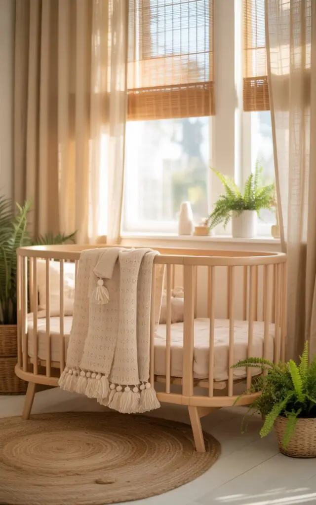A photograph of a cozy nursery cot bed styled in a soft boho theme positioned near a window with layered window treatments. The cot bed is crafted from pale wood and adorned with muted neutral bedding, including a cream-colored knitted throw featuring delicate tassels. Soft sunlight streams through sandy beige linen curtains and bamboo shades, gently illuminating a handwoven jute rug and a collection of potted ferns and eucalyptus plants. The overall scene evokes a sense of tranquility and serenity, creating a calming atmosphere with warm, natural light.