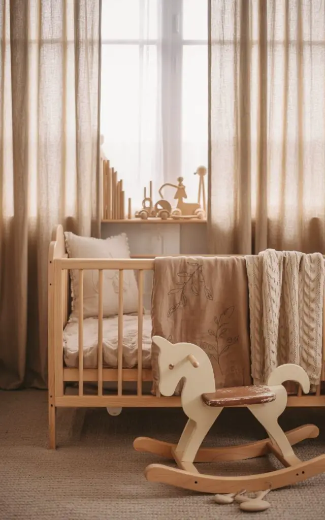 A photograph showcases a cozy nursery with a focus on a beautifully styled cot bed. The unfinished pine cot bed is centered in the frame, draped with soft, earthy-toned linen bedding featuring subtle leaf patterns and a knitted cream-colored blanket. A vintage wooden rocking horse with a faded saddle sits beside the bed, while a collection of natural wood toys are artfully arranged on a floating shelf behind the cot. Soft, diffused natural light streams through sheer linen curtains, casting a warm and inviting glow across the room and highlighting the nursery's serene boho atmosphere.
