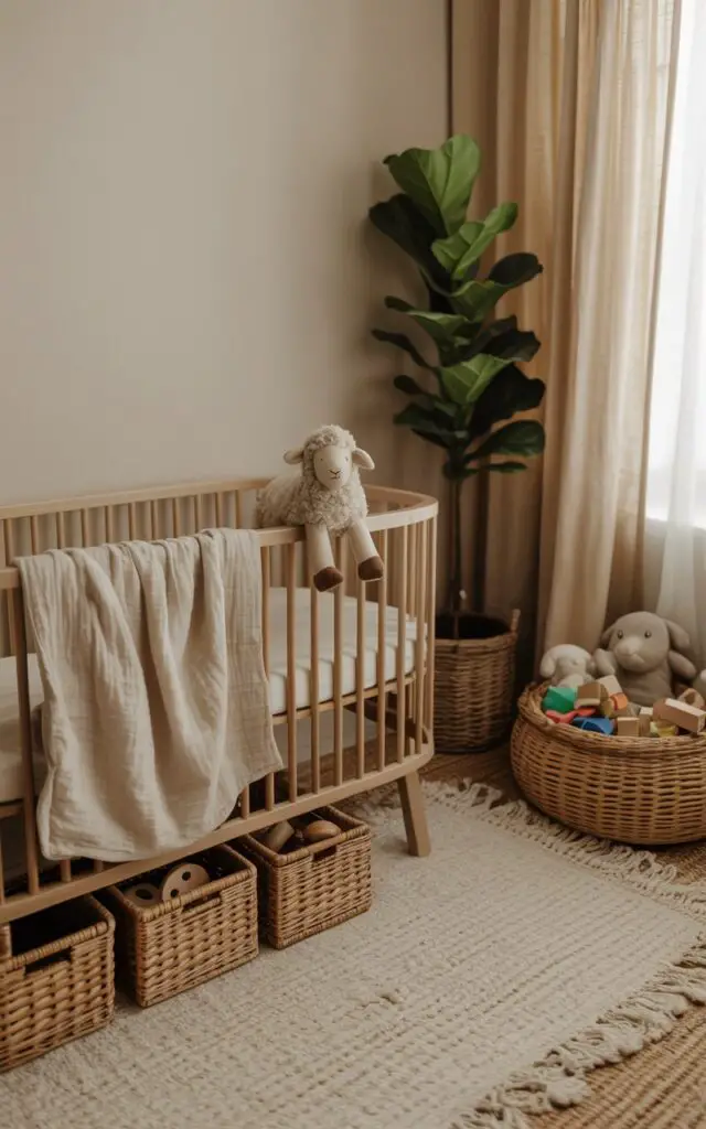 A photograph of a cozy nursery designed with a neutral boho aesthetic, centered around a meticulously styled crib. The crib, crafted from natural wood, is draped with soft, flowing white linen and features a single, fluffy sheep toy resting gently on its edge, while three woven seagrass baskets sit neatly underneath, holding a few wooden toys. A textured cream-colored rug grounds the space, complemented by a tall fiddle-leaf fig in a natural wicker planter in the corner, softly lit by diffused natural light filtering through sheer linen curtains. A large, round woven basket brimming with colorful wooden blocks and stuffed animals sits near the window, contributing to the room’s feeling of serene warmth and effortless organization.