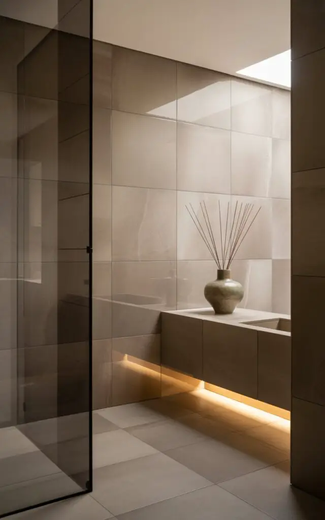 A photograph of a modern bathroom featuring a minimalist aesthetic and a focus on the expansive floor-to-ceiling tile. The soft taupe tiles with subtle marbling create a seamless flow, visually expanding the space and highlighting the clean lines of the room. A single, elegant ceramic vase holding dried reeds sits atop a floating vanity with soft underlighting, placed strategically to balance the room's symmetry. Gentle, diffused light from a hidden window illuminates the space, enhancing the spa-like atmosphere and reflecting subtly off the frameless glass shower enclosure.