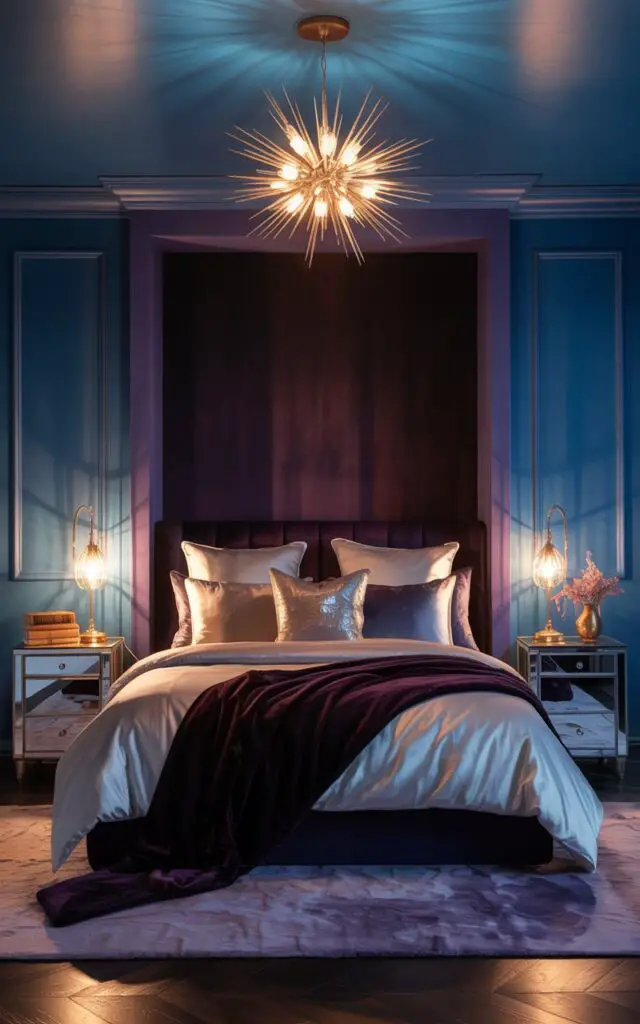 A photograph of a luxurious bedroom bathed in the soft glow of a starburst chandelier. The room is painted in rich midnight blue and deep plum hues, creating a cozy and enveloping atmosphere around a plush bed piled high with silver-accented pillows and a velvet duvet. Two mirrored side tables flank the bed, each holding a delicate gold lamp and a stack of antique books, while a plush purple rug anchors the space beneath the bed. Gentle ambient lighting reflects off the mirrored surfaces, creating a tranquil and celestial ambiance.