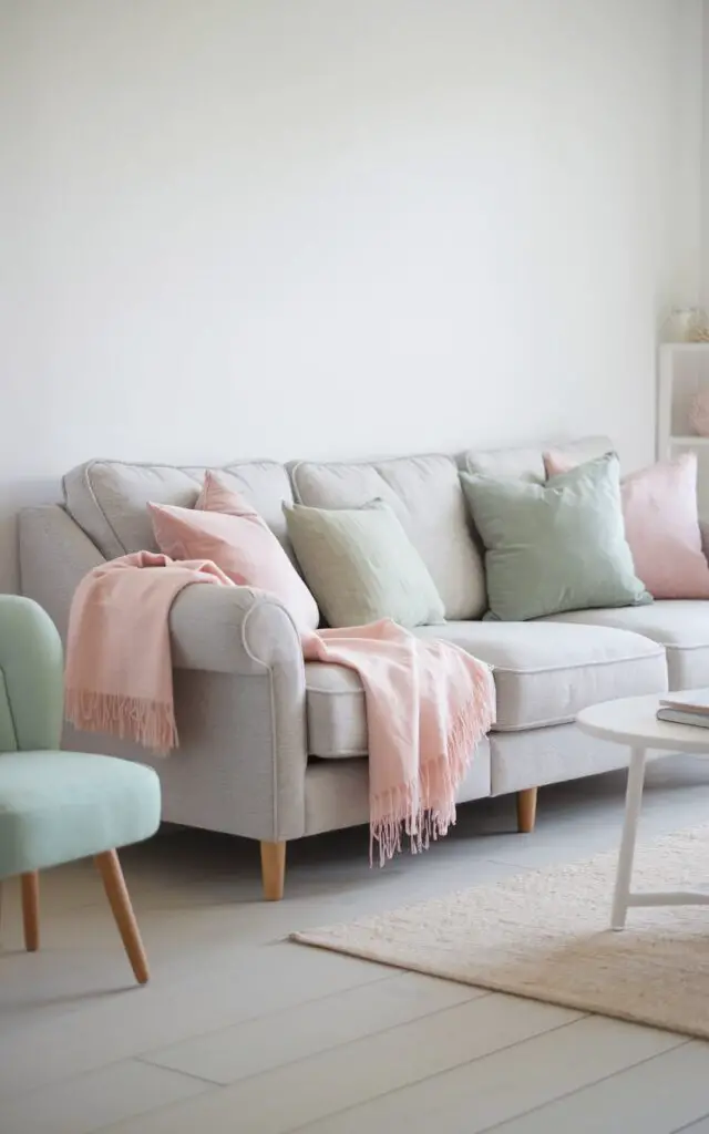A cheerful Scandinavian living room with a cozy sofa in neutral gray, adorned with cushions in blush pink, sage green, and powder blue. A pastel-toned throw drapes casually over the arm. A small side chair upholstered in pale mint adds extra color. The white walls and light wooden flooring provide a grounded palette. The well-decorated living room demonstrates that even subtle pops of pastel can refresh the calm Scandinavian aesthetic with charm.