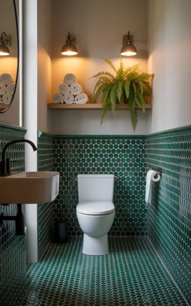 A photograph of a stylish bathroom bathed in soft, natural light, centered around the unique emerald green penny tile floor and partial wall covering. The deep green tiles, with subtle gray grout, create a visually rich textured surface that extends to about waist-height on the walls, contrasting beautifully with a clean white floating vanity and sleek matte black faucet. Above a modern white toilet sits a floating wooden shelf displaying neatly rolled ivory towels and a vibrant potted fern, complemented by vintage-style sconces casting a warm, inviting glow. The scene emphasizes the tactile nature of the tile design within a serene and well-appointed space.