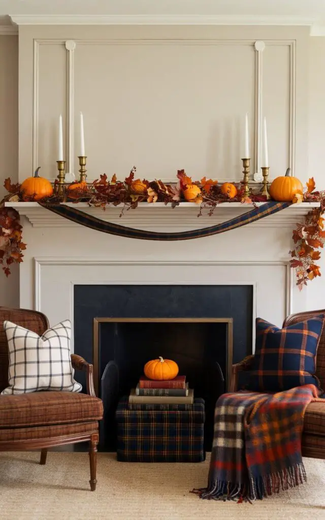 A well-decorated living room with a fall mantel. The mantel has a plaid ribbon woven through a foliage garland, mini orange pumpkins, and brass candle holders. Below the mantel, there's a small plaid throw neatly folded beneath a stack of antique books. The pattern's deep navy, burnt orange, and chestnut tones create contrast against the soft ivory walls. Decorative pillows and a wool plaid blanket on nearby seating echo the design, unifying the space. The result is a fall mantel that feels timeless, nostalgic, and perfectly layered.