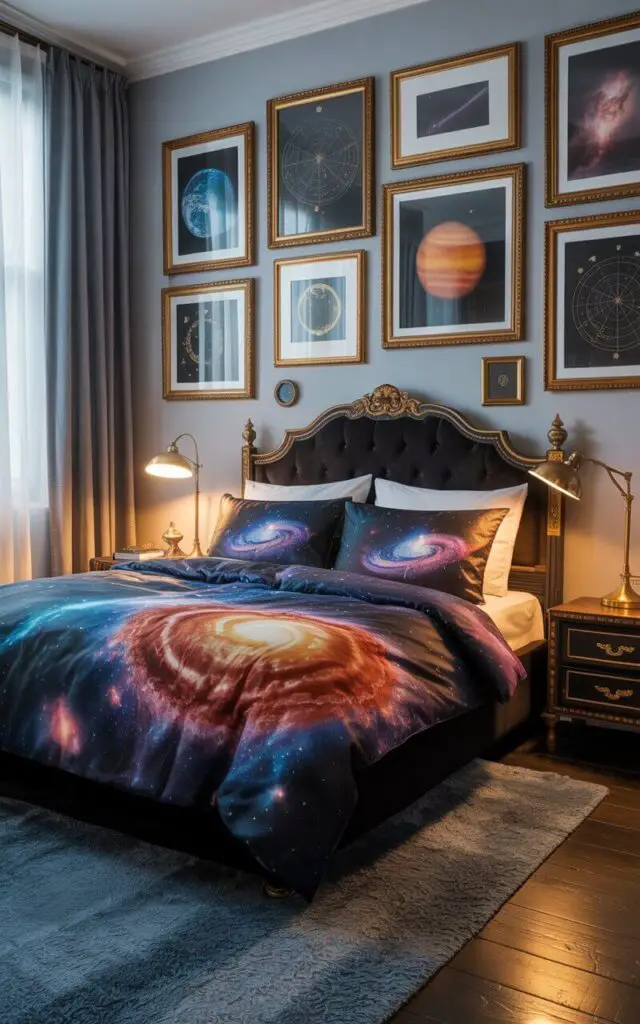 A photograph of a luxurious bedroom centered around a plush king-sized bed adorned with galaxy-print linens, showcasing a captivating celestial theme. Above the bed hangs a bold gallery wall displaying framed photographs of planets, antique star charts, and abstract cosmic artwork, all within ornate gold frames. A dark wooden headboard with intricate carvings anchors the bed, complemented by brass reading lamps positioned on either side and a soft midnight blue area rug grounding the space. Soft, warm lighting filters through sheer curtains, casting a gentle glow and highlighting the room's cozy, inviting atmosphere.
