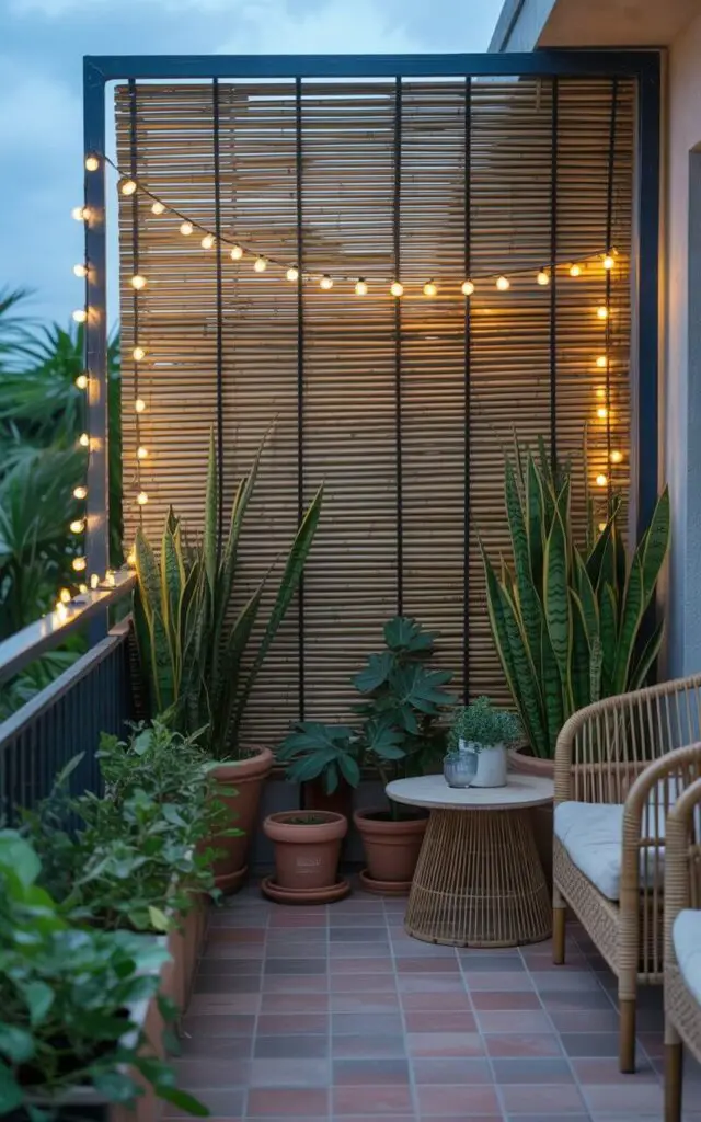 A photograph of a tranquil balcony garden featuring a bamboo privacy screen creating a secluded outdoor space. The screen, constructed of warm-toned bamboo slats, partially covers a dark metal railing and is adorned with delicate twinkling string lights that cast a soft, warm glow. Lush, vibrant snake plants and potted bamboo flank the screen, complemented by neutral wicker furniture and terracotta pots scattered across the tiled floor. The scene is bathed in the soft light of dusk, creating a peaceful and intimate atmosphere.