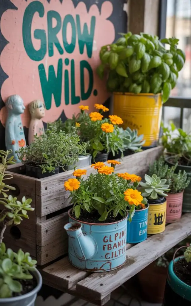 A photograph of a vibrant balcony garden overflowing with life and character. A weathered wooden bench sits center frame, adorned with an assortment of upcycled planters – painted tin cans, an enamel kettle, and a rustic wine crate – all brimming with bright marigolds, resilient succulents, and fragrant basil. A hand-painted mural on the adjacent wall cheerfully reads "Grow Wild," while mismatched ceramic figures and quirky hand-painted labels add a touch of whimsical charm. Soft, natural light illuminates the scene, casting gentle shadows and highlighting the textures of the reclaimed materials and flourishing plants.