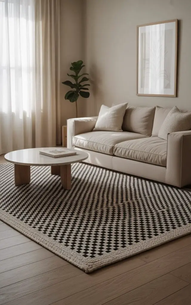 A photorealistic interior photograph of a Scandinavian living room, centered around a large, geometric black-and-white rug that anchors the space. A plush, dove-gray sofa with textured linen cushions sits directly on the rug, while a round wooden coffee table with a pale stone top rests in front of it. The room features pale oak flooring, minimal wall art consisting of a single framed botanical print, and a single potted fiddle-leaf fig plant in the corner, bathed in soft, diffused natural light from a nearby window. The scene evokes a sense of serene comfort and understated elegance, with the rug acting as a visual and tactile focal point.