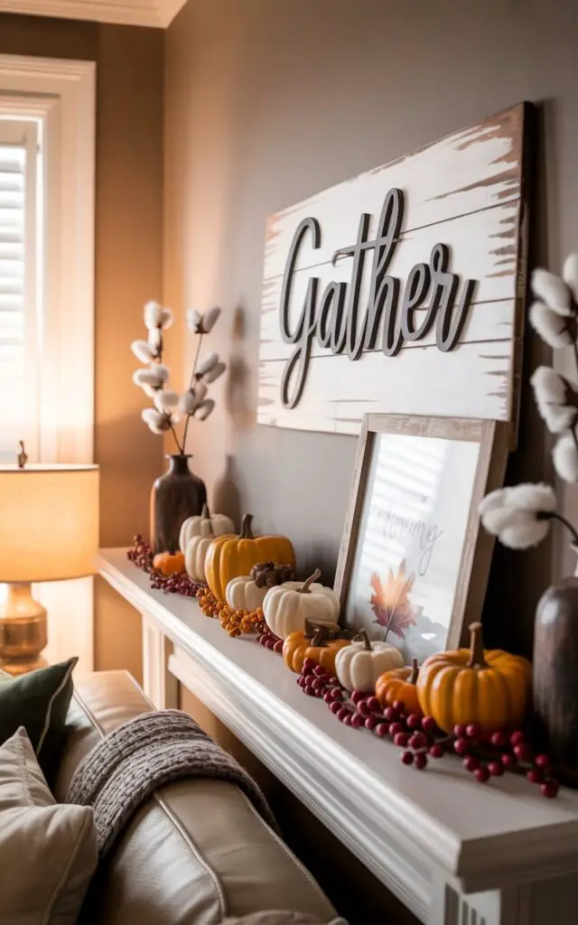 A photograph of a warmly lit, farmhouse-inspired fall mantelpiece set against a soft taupe wall in a cozy living room. A distressed white wooden sign reading “Gather” leans casually against the wall, its dark script complementing the rustic aesthetic of the scene. Below the sign, clusters of miniature pumpkins, acorns, faux berries, and fluffy cotton stems are artfully arranged on the mantel, complemented by two framed autumn-themed prints. Soft, golden light streams through a nearby window, casting a gentle glow across the scene and highlighting the textures of the knit throws and plaid pillows draped over the nearby furniture.