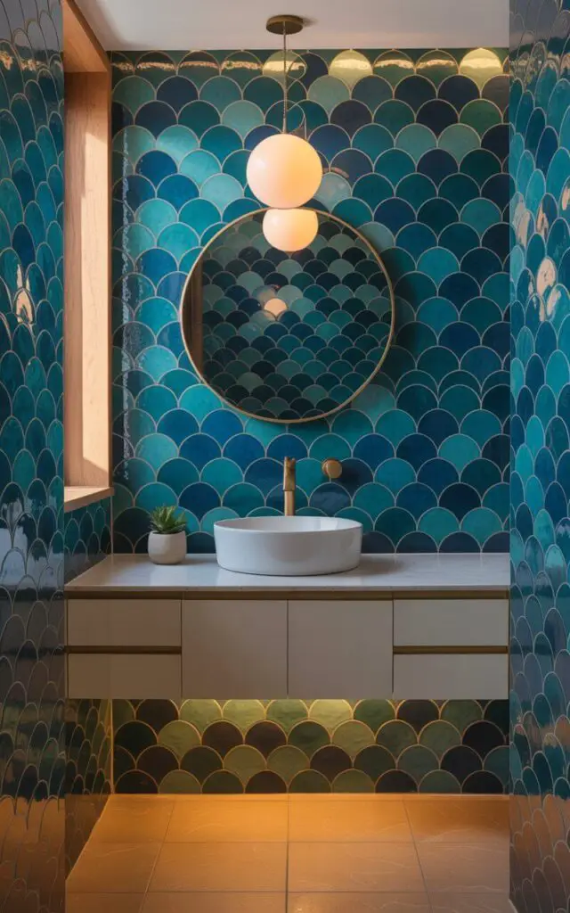 A photograph of a luxurious bathroom featuring a striking wall covered in scallop-shaped tiles in a mesmerizing gradient of blues and teals, reminiscent of ocean waves. A circular mirror with gold accents sits above a white vessel sink, reflecting the soft glow of a pendant light hanging directly above. The vanity is sleek and minimalist, contrasting with the sandy-toned floor tiles that complete the coastal aesthetic, while a small potted succulent sits on the vanity. Warm, diffused lighting from a nearby window creates a tranquil ambiance, highlighting the intricate details of the bathroom tile design.