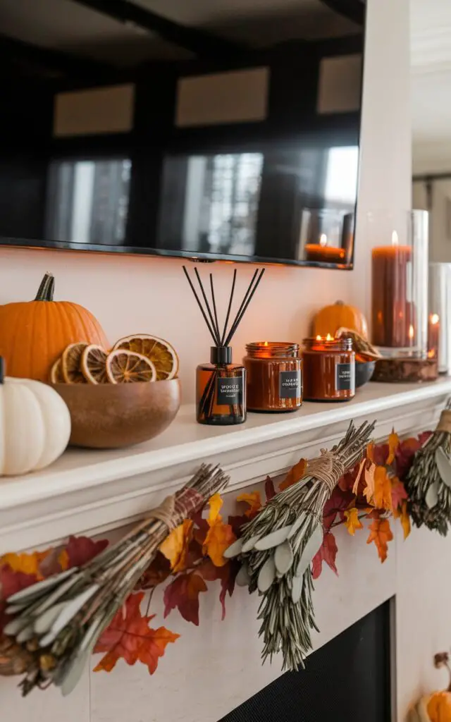 A photo of a well-decorated living room with a fall mantel. The mantel is topped with amber jars of cinnamon-scented candles, bowls of dried orange slices, and bundles of tied herbs like rosemary and sage. A reed diffuser in a sleek amber bottle releases subtle notes of clove and vanilla. The visual design includes warm-toned pumpkins and a few flickering votives. The room has a large, black television mounted on the wall. The overall atmosphere is cozy and inviting.