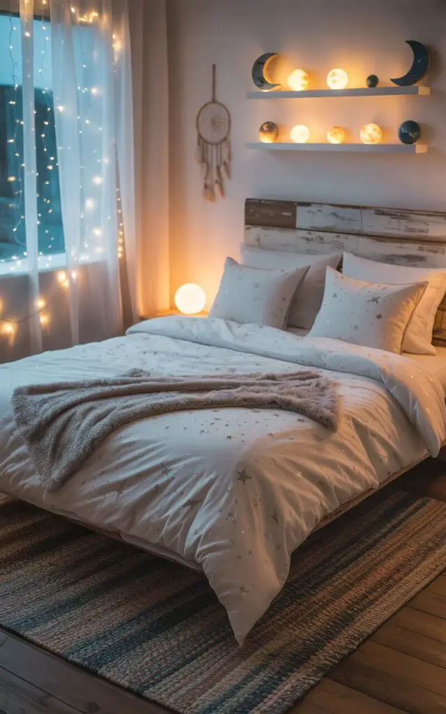 A photograph of a serene bedroom centered around a queen-sized bed with crisp white linens and a celestial duvet cover speckled with silver stars. A plush, dove-grey throw blanket is neatly folded at the foot of the bed, while two matching pillows rest against the headboard, which is crafted from reclaimed wood and features subtle carved details. Floating shelves display a collection of moon-shaped nightlights, miniature planets, and a dreamcatcher charm hanging gently; sheer white curtains frame a window filled with twinkling fairy lights and a glimpse of a starry night sky. Soft, warm lighting emanates from a bedside lamp, casting a gentle glow on the woven area rug in muted earth tones beneath the bed, creating a cozy and peaceful atmosphere.