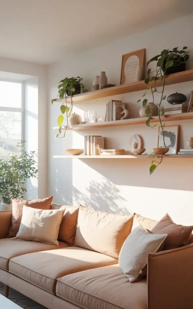 A photorealistic interior design rendering of a Scandinavian living room bathed in soft natural light. A large, inviting sofa in a warm beige hue occupies the center of the room, generously draped with textured linen pillows in shades of cream and dusty rose. Above the sofa, sleek, floating wooden shelves showcase an artful arrangement of handmade ceramics, classic novels, and trailing pothos plants, creating a sense of curated calm against crisp white walls. Large windows overlook a minimalist garden, while diffused sunlight streams in, highlighting the room's airy, uncluttered aesthetic and emphasizing the thoughtful curation of each displayed item.