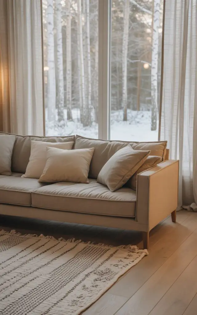 A photograph of a Scandinavian living room centered around a comfortable, muted beige sofa. The sofa is adorned with three neutral cushions – one cream, one light grey, and one oatmeal – and sits atop a soft, handwoven rug with a subtle geometric pattern. Pale oak flooring stretches across the room, reflecting the soft, natural light filtering through sheer linen curtains framing a large window overlooking a snow-covered birch forest. Warm, diffused light illuminates the space, highlighting the texture of the wood and fabric, creating a calm and inviting atmosphere.