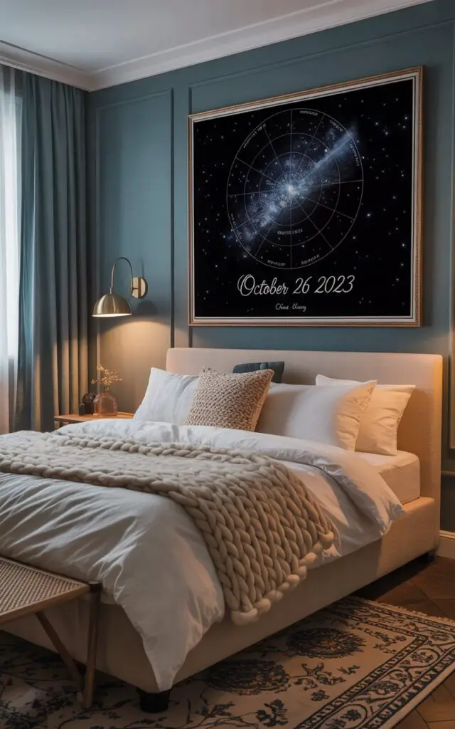 A photograph of a cozy bedroom centered around a plush king-sized bed adorned with soft white linens, a chunky knitted throw blanket, and several textured pillows. Above the bed hangs a custom framed star map depicting "October 26 2023" in elegant script, capturing the night sky with pinpoint accuracy. The room features a dark teal feature wall accented with subtle brass sconces and a patterned rug, while a small bedside table holds a vintage lamp emitting a warm, inviting glow. Gentle light filters through sheer curtains, creating a serene and intimate atmosphere.