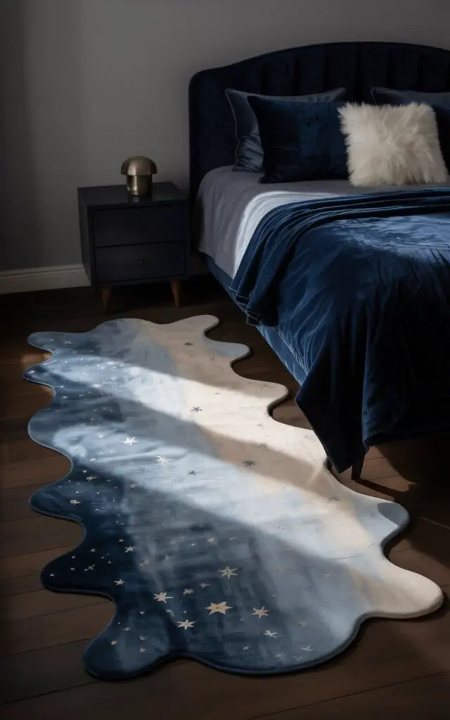 A photograph of a serene celestial bedroom, emphasizing the star-patterned bedside rug as its central focus. The rug, a luxurious blend of midnight blue and soft cream, lies beside a plush bed with navy velvet bedding and a scattering of fluffy white cushions, inviting relaxation. Dark wooden furniture, including a nightstand with a small metallic lamp, sits beside the bed while gentle, diffused lighting causes the rug's star patterns to subtly shimmer, creating a grounding effect. Soft shadows dance across the walls, completing the room's peaceful, cosmic atmosphere.