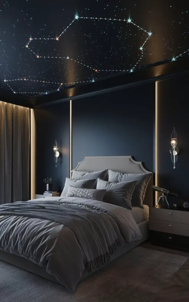 A celestial bedroom with a deep navy-painted ceiling adorned with intricate glow-in-the-dark constellations and tiny fiber optic lights that twinkle softly. The room has a cozy bed layered with plush blankets and oversized pillows. There are elegant wall sconces, a minimalistic nightstand with a small telescope, and soft, ambient lighting. The room blends comfort with cosmic wonder.