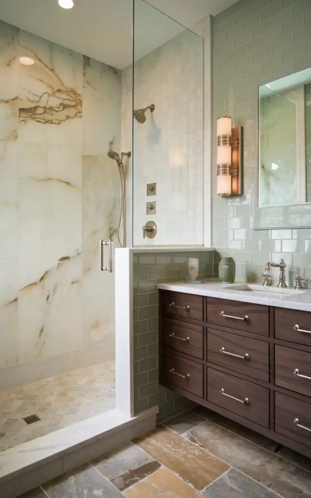 A photo of a luxurious bathroom with a walk-in shower and a floating dark walnut vanity. The shower has large marble tiles with delicate veining, while the adjacent wall is clad in matte ceramic tiles in a soft sage tone. The floor has honed limestone tile. The vanity has brushed nickel fixtures and layered lighting. The overall design is balanced and harmonious, with the interplay between the smooth ceramic and organic stone bringing warmth, contrast, and depth.