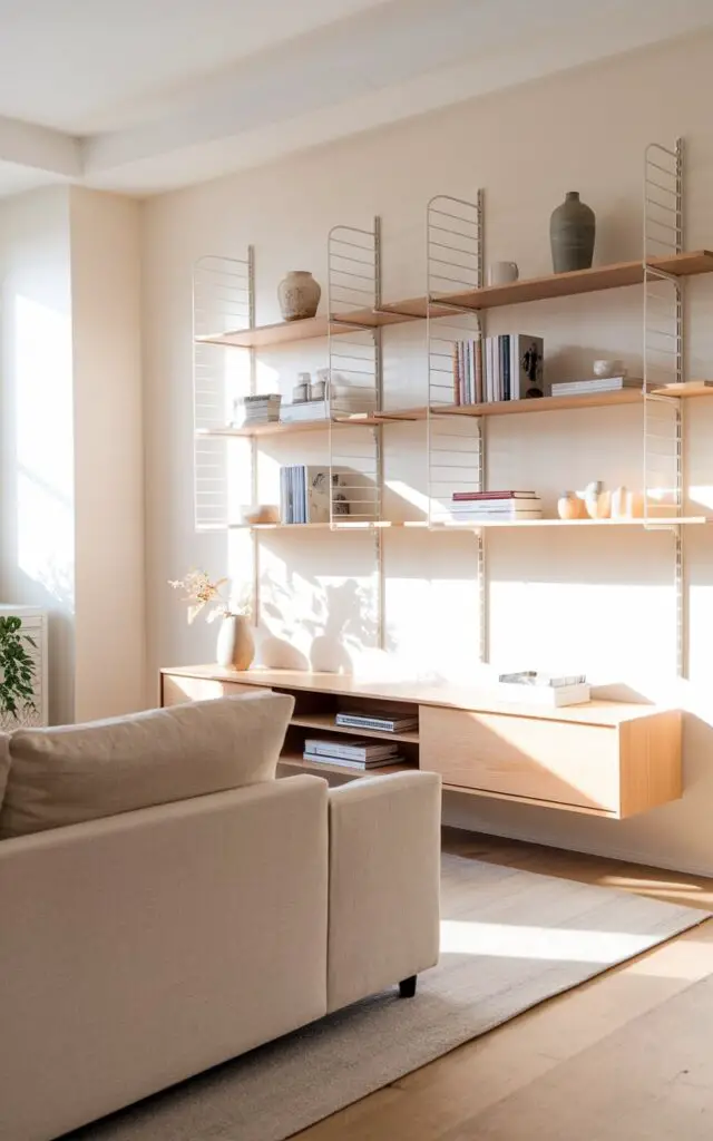 A photo of a Scandinavian living room with a beige sofa facing a slim floating media console. The console has a few books and ceramics on open shelving above it. The room has clean lines and a soft, neutral color palette. There is natural light in the room, making it feel organized and welcoming.